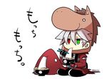  :3 arakune bad_id bad_twitter_id black_pants blazblue bowl chibi chopsticks dead_spike eating food heterochromia holding holding_bowl holding_chopsticks horse_mask kamaboko kuro_yuzu mochi narutomaki new_year o_o pants ragna_the_bloodedge silver_hair zouni_soup 