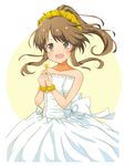  :d bare_shoulders brown_hair dress flower idolmaster idolmaster_cinderella_girls long_hair open_mouth ponytail smile solo takamori_aiko toufuu white_dress yellow_eyes 