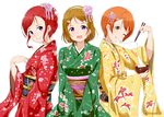  alp bowl brown_hair chopsticks eating floral_print food furisode hair_ornament hoshizora_rin japanese_clothes kimono koizumi_hanayo looking_at_viewer love_live! love_live!_school_idol_project mochi multiple_girls nishikino_maki obi one_eye_closed open_mouth orange_hair purple_eyes red_hair sash short_hair smile yellow_eyes zouni_soup 