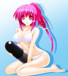  alternate_costume barefoot between_legs bikini blue_background breasts cleavage engo_(aquawatery) error front-tie_top gradient gradient_background highres i-168_(kantai_collection) kantai_collection large_breasts long_hair looking_at_viewer pink_eyes pink_hair ponytail side-tie_bikini simple_background sitting smile solo swimsuit toes torpedo underboob wariza white_bikini wrong_feet 