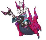  bass_guitar blue_eyes centauroid fang fusion gen_5_pokemon grin hair_bobbles hair_ornament homika_(pokemon) horns instrument kenchi monster_girl monsterification music playing_instrument pokemon pokemon_(creature) pokemon_(game) pokemon_bw2 scolipede smile solo striped topknot white_hair 