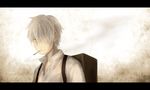  1boy cigarette ginko green_eyes hair_over_one_eye looking_at_viewer male male_focus mari_(marixrian) mari_(milkuro) mushishi profile shirt short_hair silver_hair simple_background smoking solo suitcase 