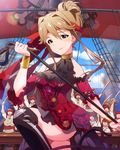  6+boys boots bracelet brown_hair card choker day dress idolmaster idolmaster_million_live! jewelry knee_boots lens_flare looking_at_viewer multiple_boys official_art pirate sky sword tenkuubashi_tomoka weapon whip 