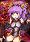  absurdres bare_shoulders dragon dragon_girl dragon_horns dragon_wings elbow_gloves fingerless_gloves fire gem gloves head_fins heterochromia highres horns long_hair on_shoulder open_mouth polearm purple_eyes purple_hair puzzle_&amp;_dragons red_dragon_(p&amp;d) samoore sonia_(p&amp;d) spear thighhighs weapon wings yellow_eyes 