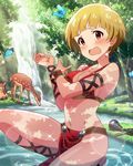  animal artist_request blonde_hair breasts brown_eyes bug butterfly cleavage deer earrings fukuda_noriko idolmaster idolmaster_million_live! insect jewelry medium_breasts official_art open_mouth river short_hair solo water waterfall wavy_mouth 