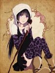  animal_print bad_id bad_pixiv_id black_hair dress hood jojo_no_kimyou_na_bouken leopard_print long_hair meron purple_eyes short_dress solo staff steel_ball_run sugar_mountain thighhighs 