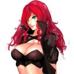  breasts bustier cleavage green_eyes high_collar highres jacket katarina_du_couteau kumiko_shiba large_breasts league_of_legends lips nose red_hair scar short_sleeves solo wavy_hair 