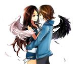  1girl asymmetrical_wings bad_id bad_pixiv_id banned_artist blue_eyes brown_hair couple feathered_wings hair_down hetero hood hoodie hug long_hair no_hat no_headwear pokemon pokemon_(game) pokemon_bw short_hair shorts sleeveless smile touko_(pokemon) touya_(pokemon) tribute vest waist_hug wings 