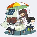  :d anchor bad_id bad_pixiv_id black_eyes black_hair blush brown_hair folded_ponytail food food_stand hair_ornament hairclip hatsuyuki_(kantai_collection) ice_cream ice_cream_scoop ikazuchi_(kantai_collection) inazuma_(kantai_collection) jitome kantai_collection kappougi kawanabe long_hair mamiya_(kantai_collection) miyuki_(kantai_collection) multiple_girls open_mouth school_uniform short_hair skirt smile table umbrella 