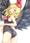  ass bad_id bad_pixiv_id black_wings blonde_hair blush gennsuikyou highres looking_back one-piece_swimsuit open_mouth red_eyes ribbon rumia school_swimsuit short_hair simple_background solo swimsuit touhou white_background wings 