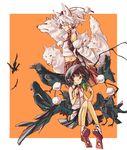  animal_ears bird book brown_hair crow detached_sleeves hat highres inubashiri_momiji midriff multiple_girls navel numa_(minus_4k) red_eyes shameimaru_aya short_hair smile tokin_hat touhou white_hair wings wolf wolf_ears 