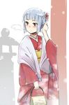  alternate_costume alternate_hairstyle bag blush flower hair_flower hair_ornament handbag japanese_clothes kantai_collection kimono long_sleeves murakumo_(kantai_collection) nathaniel_pennel red_eyes silver_hair solo wide_sleeves 
