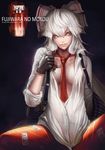  banned_artist black_gloves bow breasts buttons character_name english fujiwara_no_mokou gloves hair_bow large_breasts lips long_hair necktie no_bra orange_eyes pants parted_lips silver_hair smile solo suspenders tattoo text_focus touhou unbuttoned yinan_cui 