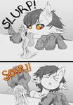  &gt;_&lt; 2koma :x black_sclera blush closed_eyes comic commentary dragon_girl endless_library english_commentary flat_chest goo_girl horn kipuka licking marmalade minigirl monochrome monster_girl multiple_girls no_nipples orange_eyes personification ringed_eyes scales short_hair spot_color whistle_frog 