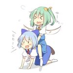  &gt;_&lt; blue_hair blush bow cirno closed_eyes d: daiyousei dx fairy_wings green_hair hair_bow horse_tail multiple_girls open_mouth riding side_ponytail tail tori_(minamopa) touhou translated wavy_mouth wings 