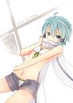  ahoge bikini blue_eyes blue_hair denim denim_shorts front-tie_top highres navel open_fly scarf short_hair short_shorts shorts sinon solo swimsuit sword_art_online tatapopo unzipped 