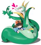  agemono blush cute duo eyes_closed female fur green_fur hat hilbert_(pokemon) hug human mammal nintendo on_top plain_background pok&#233;mon pok&#233;mon_trainer pok&eacute;mon pok&eacute;mon_trainer red_eyes reptile scalie serperior smile snake video_games white_background wrap 