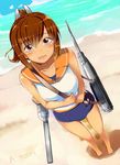  a.nori artist_name beach brown_eyes brown_hair day gun i-401_(kantai_collection) kantai_collection ponytail school_swimsuit short_hair smile solo standing swimsuit swimsuit_under_clothes weapon 