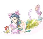  1girl animal_ears bell gloves highres lying on_stomach p-hawai paw_boots paw_gloves paw_shoes simple_background soul_calibur soulcalibur_v tail yan_leixia 