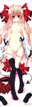  absurdres black_legwear blonde_hair bow breasts dakimakura demon_tail feet full_body hair_bow highres huge_filesize legs long_hair long_sleeves nipples no_bra ooji_cha open_clothes open_shirt panties panty_pull pink_panties pussy red_eyes shirt shoes_removed skirt skirt_removed small_breasts solo tail thighhighs underwear 