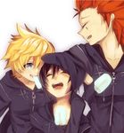  2boys arm_on_head axel_(kingdom_hearts) black_coat_(kingdom_hearts) black_hair blonde_hair blue_eyes cloak closed_eyes eating food gloves highres ice_cream kingdom_hearts kingdom_hearts_358/2_days multiple_boys red_hair roxas teiruzukingudamu xion_(kingdom_hearts) 