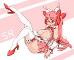  animal_ears bar_shoulders bare_shoulders bow breasts cat_ears cleavage cleavage_cutout detached_sleeves fake_animal_ears female glasses hair_bow hair_ornament hair_ribbon high_heels kaz_(shade) large_breasts legwear long_hair long_twintails looking_at_viewer lying miniskirt no_bra on_back pink_hair red_eyes ribbon semi-rimless_glasses shoes simple_background skirt smile solo srco thighhighs twintails under-rim_glasses white_legwear white_thighhighs 