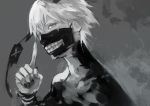  1boy 55level black_bodysuit black_eyepatch black_nails blurry bodysuit commentary_request covered_mouth covering_nose eyepatch eyepatch_removed face_mask fingernails grey_background grey_eyes greyscale hair_between_eyes half_mask highres kaneki_ken long_neck looking_at_viewer male_focus mask monochrome nail_polish pointing pointing_up short_hair simple_background solo tokyo_ghoul white_hair 