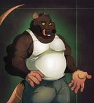  anthro belly biceps chubby clothing donryu jeans looking_at_viewer male mammal musclegut muscles overweight pecs pose rat rodent shirt solo tank_top tongue tongue_out vest yellow_eyes 