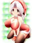  braid breasts cleavage covered_nipples hat heart_cutout huge_breasts long_hair looking_at_viewer santa_costume santa_hat sitting smile solo touhou yagokoro_eirin yanmarson 