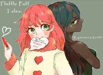  chi-hayu clothing equestria_girls female fluffle_puff fluffle_puff_(eg) green_eyes green_hair hair human humanized love_heart mammal mouth_hold my_little_pony pink_hair queen_chrysalis_(eg) shirt 