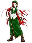  alternate_costume bespectacled blue_eyes boots braid earrings fingerless_gloves glasses gloves hat highres hong_meiling jewelry ledjoker07 long_hair red_hair solo touhou twin_braids vest 