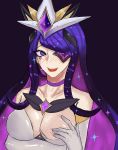  alternate_costume alternate_hair_color alternate_hairstyle blush breast_grab breasts breasts_outside chihel choker collarbone elbow_gloves empty_eyes eyepatch forehead_protector gloves grabbing heart heart_eyes large_breasts league_of_legends long_hair open_mouth purple_eyes purple_hair star_guardian_syndra syndra white_gloves 