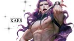  abs arm_blade battle_tendency earrings fabulous fingernails highres horns jewelry jojo_no_kimyou_na_bouken kars_(jojo) licking licking_weapon long_fingernails long_hair male_focus manly muscle pectorals purple_hair rae red_eyes solo weapon 