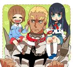  2girls black_hair blonde_hair blue_skirt brown_hair child collar dog_collar ear_grab gamagoori_ira kill_la_kill kindergarten_uniform kiryuuin_satsuki leash mankanshoku_mako multiple_girls name_tag s-hirou sitting_on_shoulder skirt time_paradox younger 