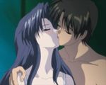  1boy 1girl animated animated_gif blue_hair blush bounce bouncing_breasts bra breasts french_kiss kawana_misaki kiss large_breasts lingerie nipples one one:_true_stories passionate underwear undressing 