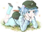  backpack bad_id bad_pixiv_id bag blue_eyes blue_hair blush bug butterfly cattail flower grass hair_bobbles hair_ornament hat insect kawashiro_nitori lying on_stomach open_mouth plant short_hair smile touhou two_side_up yatomi 