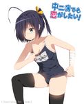  adjusting_clothes adjusting_swimsuit ahoge aqua_eyes artist_name bandages black_hair black_legwear blue_eyes bow breasts chuunibyou_demo_koi_ga_shitai! cowboy_shot eyepatch hair_bow hair_ornament hews_hack leg_lift old_school_swimsuit one-piece_swimsuit one_side_up sad school_swimsuit short_hair skindentation small_breasts solo standing swimsuit takanashi_rikka thighhighs title white_background 