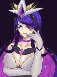  alternate_costume alternate_hair_color alternate_hairstyle breasts chihel choker closed_mouth collarbone elbow_gloves eyepatch forehead_protector gloves large_breasts league_of_legends long_hair purple_eyes purple_hair star_guardian_syndra syndra white_gloves 