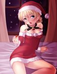  arm_support bad_id bad_pixiv_id bare_shoulders bed bell blonde_hair blue_eyes blush braid breasts christmas cleavage darjeeling detached_sleeves dress gift girls_und_panzer hat holding jewelry looking_at_viewer medium_breasts necklace nksk open_mouth red_skirt santa_costume santa_hat short_dress short_hair sitting skirt smile solo strapless strapless_dress window 