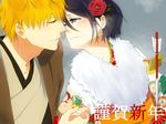  1boy 1girl 3_(200870239) black_hair bleach eye_contact flower hair_flower hair_ornament hand_holding incipient_kiss japanese_clothes kuchiki_rukia kurosaki_ichigo looking_at_another orange_hair translation_request 