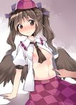  bad_id bad_pixiv_id belly_poke blush breasts brown_eyes brown_hair checkered commentary dress_shirt hair_ribbon hammer_(sunset_beach) hat himekaidou_hatate long_hair navel nipples no_bra open_clothes open_shirt ribbon shirt short_sleeves skirt small_breasts solo_focus tokin_hat touhou twintails wings 