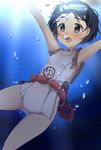  air_bubble akabuchi_megane bad_id bad_pixiv_id black_eyes black_hair bubble bubble_blowing choker diving_mask diving_mask_on_head highres kantai_collection maru-yu_(kantai_collection) one-piece_swimsuit open_mouth school_swimsuit short_hair sinking solo submerged sunlight swimsuit underwater white_school_swimsuit white_swimsuit 