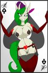  &#9824; &#9827; &#9830; ace_of_spades anthro big_breasts breasts card clothed clothing club diamond dicorn equine facial_markings feather female garter green_hair grey_eyes hair hat horn horse jrvanesbroek lingerie looking_at_viewer mammal markings my_little_pony nipples original_character pasties playing_card pony pussy skimpy smile snake_eyes_(oc) spade tartarus_pony teeth weapon 