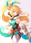  1girl bangs bare_shoulders blonde_hair bow breasts closed_mouth commentary_request dragalia_lost elbow_gloves elisanne floating_hair gloves green_bow hair_bow highres long_hair looking_at_viewer medium_breasts pelvic_curtain pink_eyes sibyl side_ponytail smile solo standing thighhighs very_long_hair white_legwear 