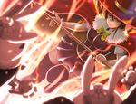  black_hair black_legwear breasts cape fire hat kagari_ayaka large_breasts long_hair pleated_skirt school_uniform siraha skirt solo thighhighs wand witch witch_craft_works witch_hat yellow_eyes zettai_ryouiki 
