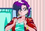  1girl 90s aliasing animahjong animahjong_v3 animated animated_gif bare_shoulders bra bracelet breasts cleavage earrings game hairband hoop_earrings jewelry lingerie looking_at_viewer lowres miyabi_(animahjong) miyabi_(animahjong_x) nakajima_atsuko nipples oldschool panties pink_bra purple_hair red_eyes short_hair sogna solo songa strapless_bra tank_top underwear undressing viper white_panties 