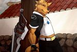  anthro bulge canine clothing erection fasttrack37d final_fantasy fingerless_gloves gloves gun_sword gunblade hoodie male mammal penis piercing solo video_games weapon wolf 