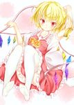  ascot blonde_hair collarbone dress flandre_scarlet frills hand_behind_head looking_at_viewer lying no_hat no_headwear no_shoes ookamisama panties pantyshot pantyshot_(lying) parted_lips puffy_short_sleeves puffy_sleeves reclining red_eyes short_hair short_sleeves side_ponytail solo thighhighs touhou two-tone_background underwear white_panties wing_hold wings 