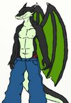  biceps black_skin boxers claws clothing dragon green_eyes green_skin horn invalid_tag jeans male muscles nipples pants pecs pose reptile scales scalie solo standing topless underwear unknown_artist wings 