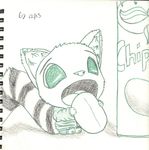  2013 3_toes chibi chips clothed clothing drawing feline green_eyes hindpaw jacket mammal open_mouth paws pringles sitting sketch traditional_media yoyofreakcj 